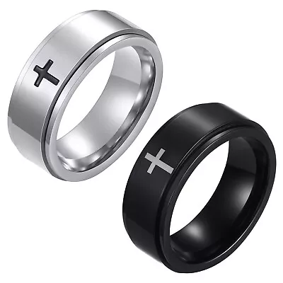 2pcs Men's Cross Anti Anxiety Rotating Spinner Fidget Ring Band Stainless Steel • $11.99