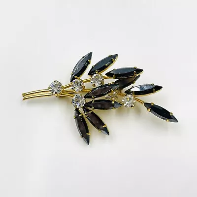 Vintage Brooch Signed Austria Black Navettes Clear Round Rhinestones Gold Tone • $17.57