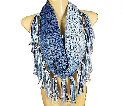 NEW Hand Knitted Cowl Scarf Infinity Blue Ombre Eyelet Boho Fringe Handmade Knit • $30.79