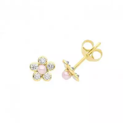 9ct Yellow Gold Pearl&Cz Flower Stud Earrings ES637 • £85
