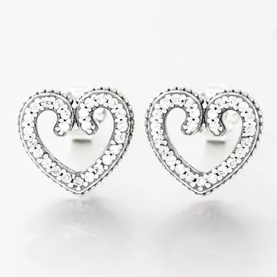 Authentic 100% 925 Sterling Silver Heart Swirls Clear CZ Stud Earrings Gift • $18.78