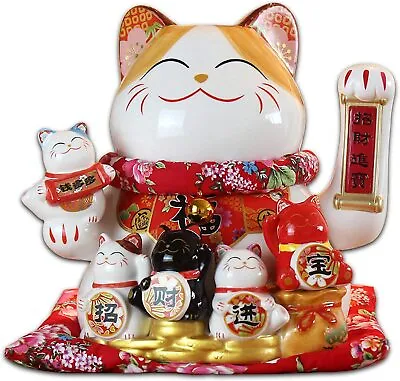 Large Ceramic Maneki Neko Beckoning Lucky Money Cat Waving Arm For Good Fortune  • $108.99