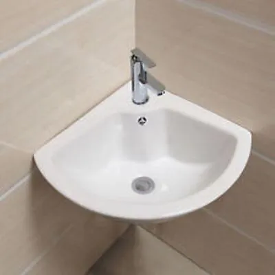 £39.99 • Buy Corner Compact Slim Wall Hung Ceramic Basin Sink Mini Tiny Small 1 Tap Cloakroom