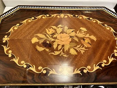 Italian Marquetry Serving Tray Inlaid Wood Brass Handles And Surround • $49.99