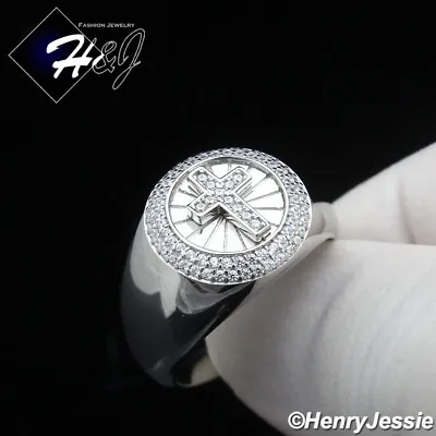 Men Solid 925 Sterling Silver Icy Bling Cz Silver Cross 15mm Round Ring*sr196 • $39.99