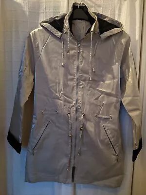 Sz 12 David Barry Glitter Sheen Platinum Mid Length Hooded Rain Coat Mac - Good • £9.99