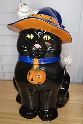 Large Black Cat W/Hat & 2 Friendly Ghosts Halloween Cookie Jar By Harry & David • $58