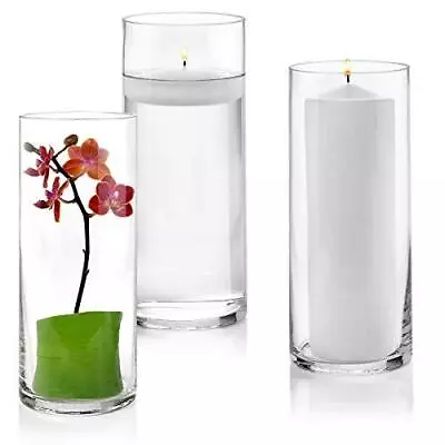 $31.89 • Buy Set Of 3 Glass Cylinder Vases 10 Inch Tall - Multi-use: Pillar Candle, Floating