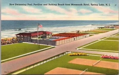 Spring Lake NJ Linen Postcard MONMOUTH HOTEL Tennis Courts & Ocean View C1940s • $5.25