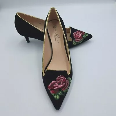 Ladies Women's Lunar Black Faux Velvet Embroidered Flower Shoes Assorted Sizes • £17.99