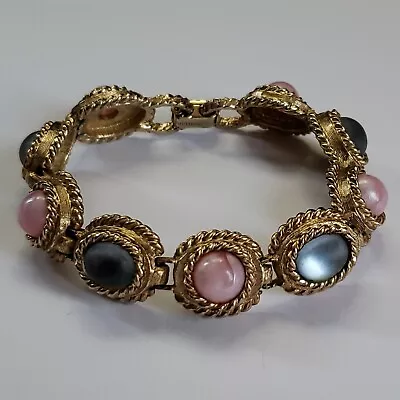 Sarah Coventry Mirrored Blue Moonstone/Pink Pearl Cabochons Gold Bracelet-Ret. • $120.77