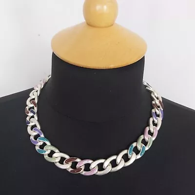 £7.99 • Buy M&S Chunky Silver Tone Curb Chain Collar Necklace Colour Enamel Detal Costume
