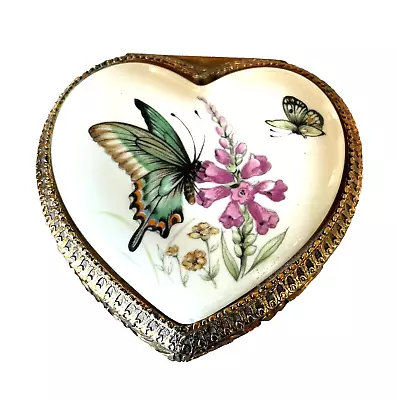 VTG Heart Musical Trinket Box Butterfly & Floral Top -Gold Metal   Japan Works • $10.50