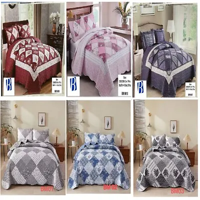 Printed 3 Pcs Quilted Patchwork Style Cotton Bedspread Throw Double King Bedding • £36.99