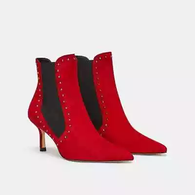 ZARA Red Suede Studded Pull On Booties Boots • $45