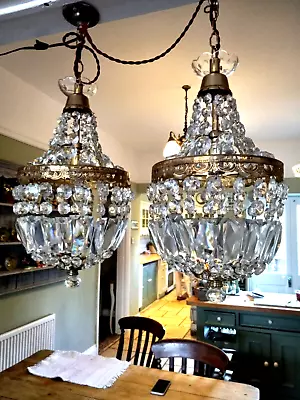 Beautiful Pair Mid Century Crystal Glass Tent Bag Chandelier Antique Brass • £60