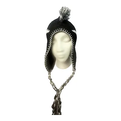 Knit Mohawk Beanie Hat Cap W/ear Flaps Black W/white Star Tassels One Size • $7.50