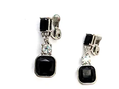 Monet Earrings Clip On Dangle Square Black And Clear Round Crystals • $18