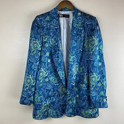 Zara S Blue Satin Blazer Jacket Floral Open Work Preppy Long Sleeve Oriental • $29.99