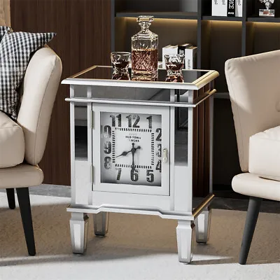 Modern Accent Table Clock End Table Mirrored GlassTop Dresser Cabinet Nightstand • £119.91