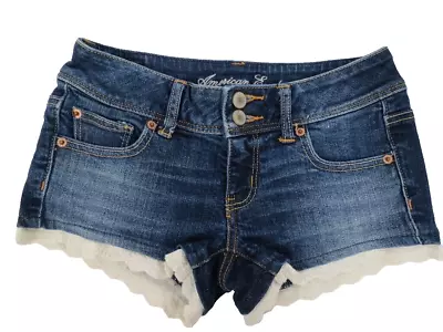 American Eagle Blue Stretch Jean Short Shorts Lace Trimcut Off Women's Size 0 • £7.24