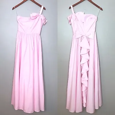 ILGWU Vintage 80s Formal Prom Dress Pink Polka Dot Bow Detailing One Strap Sz S • $66.14