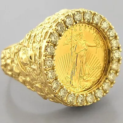 22K 1/10 Oz AMERICAN EAGLE GOLD COIN 14K YELLOW GOLD MEN'S NUGGET DIAMOND RING • $2950