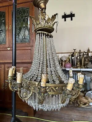 Large Antique 19th Century Crystal & Bronze Chandelier Gasolier • £880