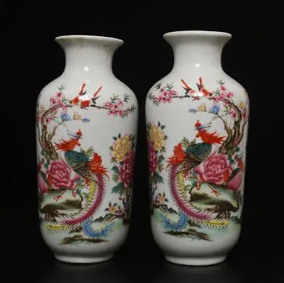 Pair Qianlong Signed Antique Chinese Famille Rose Vase W/phoenix • $159.99