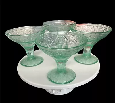 Set Of 4 Vintage Mid Century Green Glass Dessert Bowl Cup Footed Depression - F • $29.95