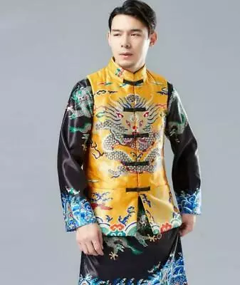 Men's Spring Dragon Pattern Vest Chinese National Casual Waistcoat Buckle Top • $48.23