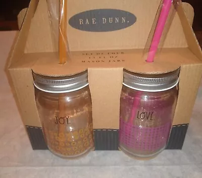 Rae Dunn Mason Jar Glasses W/ Straws  CHERISH INSPIRE JOY  LOVE Set Of 4 • $27.99