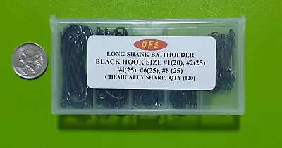 BOXED 120 DFS QUALITY Small BLACK LONG SHANK BAITHOLDER HOOKS Size12468  • $16