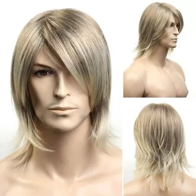 Men's Wig Short Hair Golden Fluffy Short Curly Hair Long Synthetic Hair Headba • $9.99