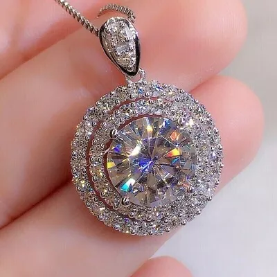 2.28 CTW Round Cut VVS1 Moissanite Double Halo Pendant 14K White Gold Plated • $156.24