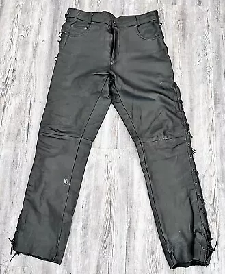 Men's Lace Up Real Leather Biker Motorcycle Black Trousers Pants Size 32 USA • $99.99