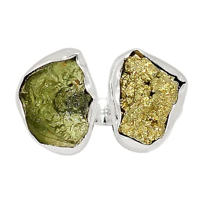 Natural Genuine Czech Moldavite & Goldn Pyrite 925 Silver Ring S.6 CR30707 • $33.99