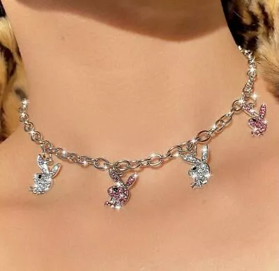 £9.99 • Buy Playboy Necklace Chain Diamante Charms Bunny Rabbit Rhinestone CZ Pendant Choker