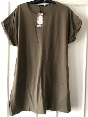 BNWT Boohoo Size 16 Cotton Short Sleeve T-shirt Dress In Khaki • £0.99