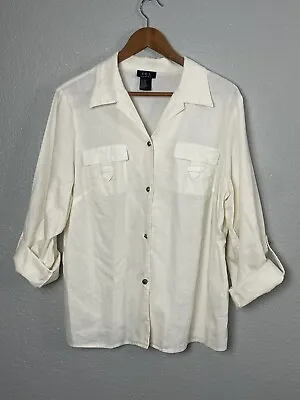 RQT Women’s Cream Linen Blend Button Down Up Blouse Shirt Roll Tab Sleeve Sz 18w • $22