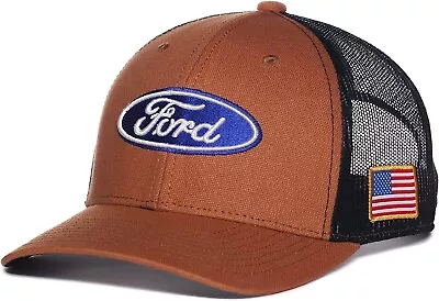 Ford Logo Brown Black Mesh Trucker Curved Bill Adjustable Snapback Hat Cap Retro • $22.95