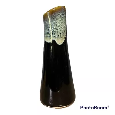 Mid-Century Modern Brown And White DRIP GLAZE 5.5  Bud Vase Unique Shape HTF! • $14.92