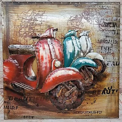 Hand Made Three Colorful Vespa Motor Bike 3-D Oil Painting Home Decor • $99.50