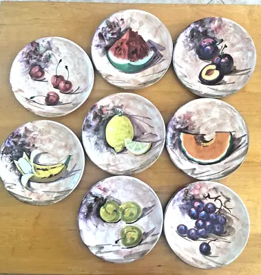 Vintage Italy  Pv  Signed Peasant Valley Hand Painted Fruit Plates - Set Of 8 • $46