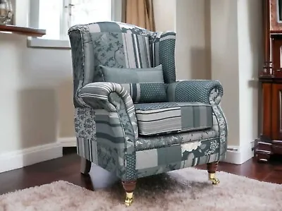 Fast Delivery Accent Wing Chair Fireside Cottage Charles Patchwork Grey • £429.95