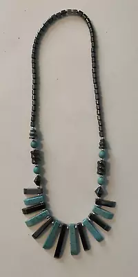 Native American  Navajo Blue Turquoise Sterling Silver Black Bead Necklace • £23.74