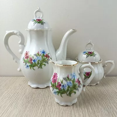 Vintage Japan Ceramic Tea Set White Teapot Sugar Bowl Creamer Hand Painted Flora • $36.50