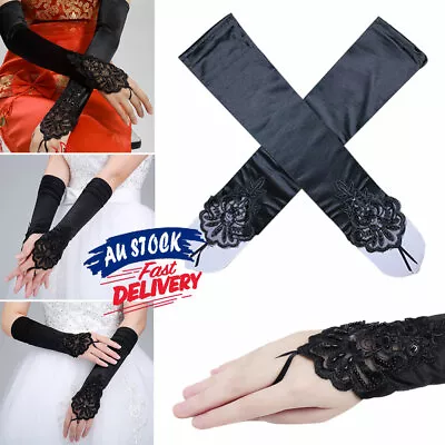 $9.75 • Buy 1Pair Fingerless Long Embroidered Gloves Lace Stretch Fashion Black Beading