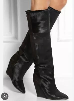 Isabel Marant Shelia Black Calf Hair Knee High Wedge Boots • $400