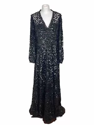 Needle &Thread GOWN Maxi Dress UK18 US14 Black Gown Sequin Long-sleeved BNWT • £380